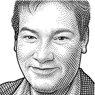 Stippled black-and-white portrait of Ian Sherr